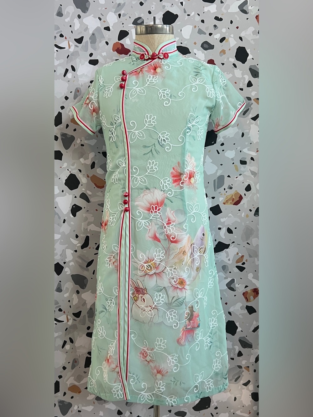 Mint Green Floral Embroidered Singaporean Cheongsam Dress